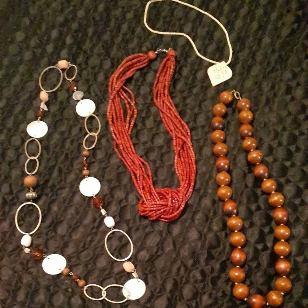 Lot of 4 Boho Necklaces - Wood, Bone, Metal